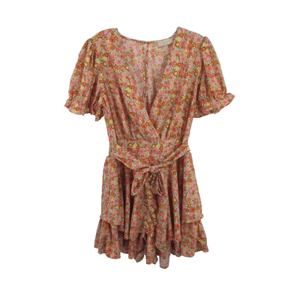 Indulge Women XL Floral Romper Ruffle Belted Boho Cottage Peasant Multicolor
